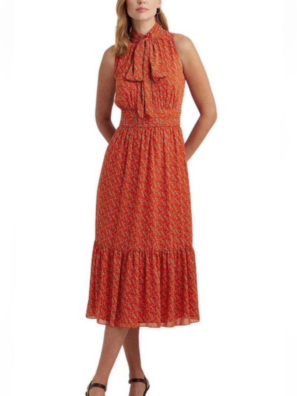Ralph Lauren Crinkle Georgette Sleeveless Maxi Dress in Rust Floral